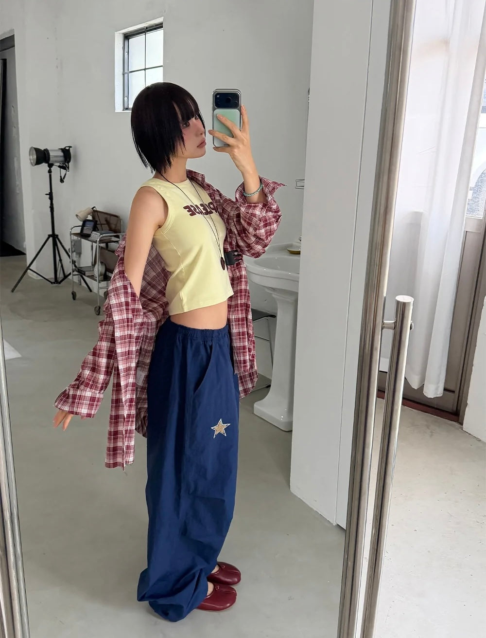 星星尼龍寬褲（ 藍 ）
